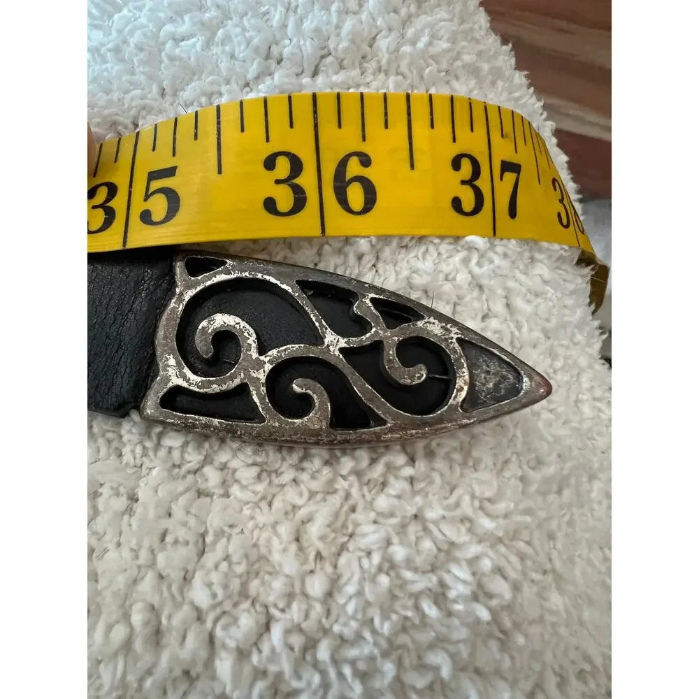 Vintage 90's black leather belt intricate antique silver buckle M 31-34 western